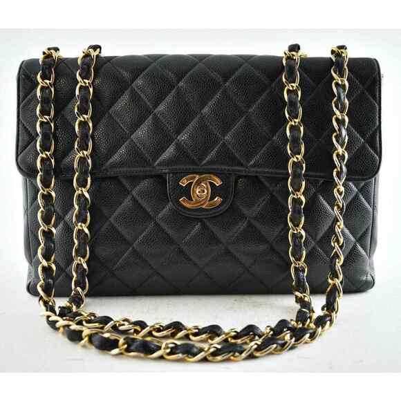 Chanel Vintage Black Caviar Gold 24K Jumbo Flap CC Logo Shoulder Crossbody Bag - Picture 1 of 12